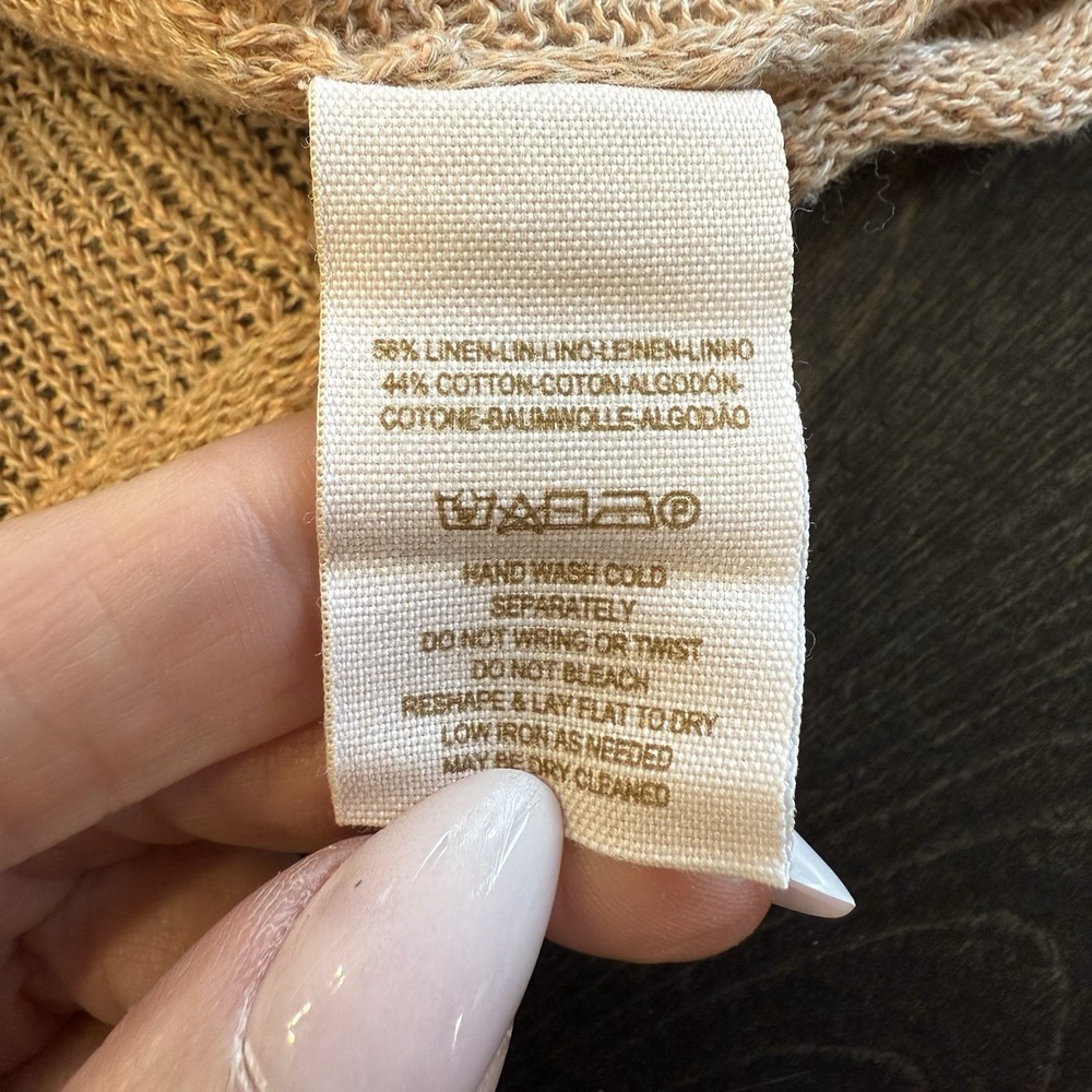 Free People Tan Open Knit Ruffle V-Neck‎ Linen Blend Crop Sweater Small - Picture 8 of 8
